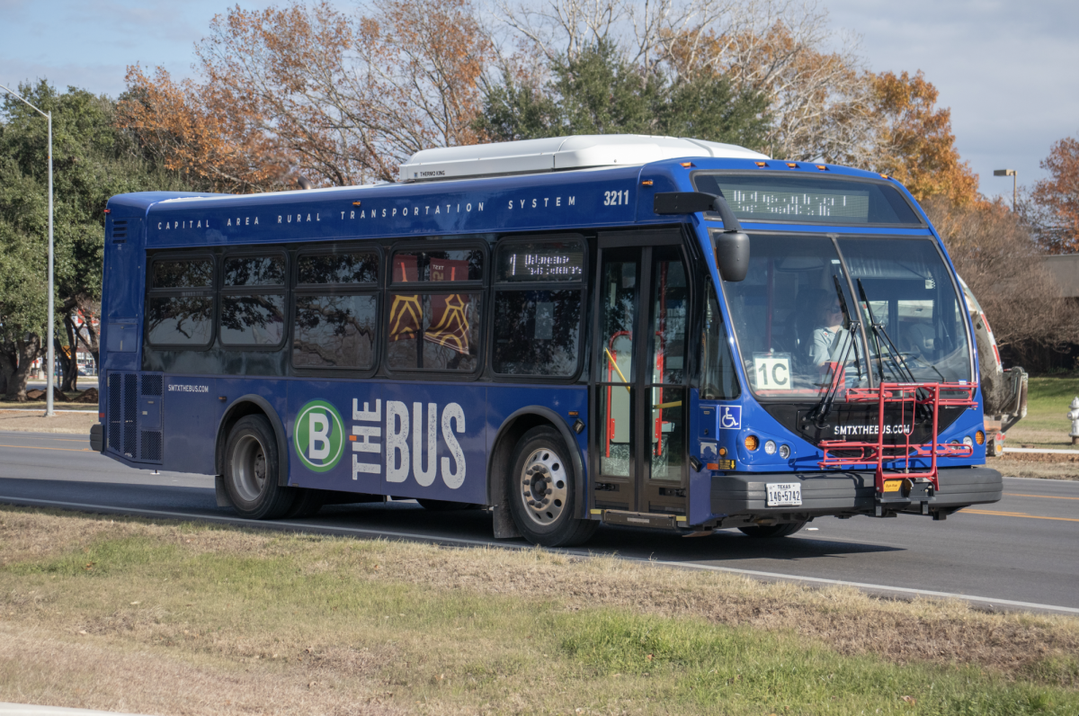 San Marcos fixed route 1 bus approaches the library bus stop. Wednesday, Jan. 15, 2025 at the San Marcos Public Library.